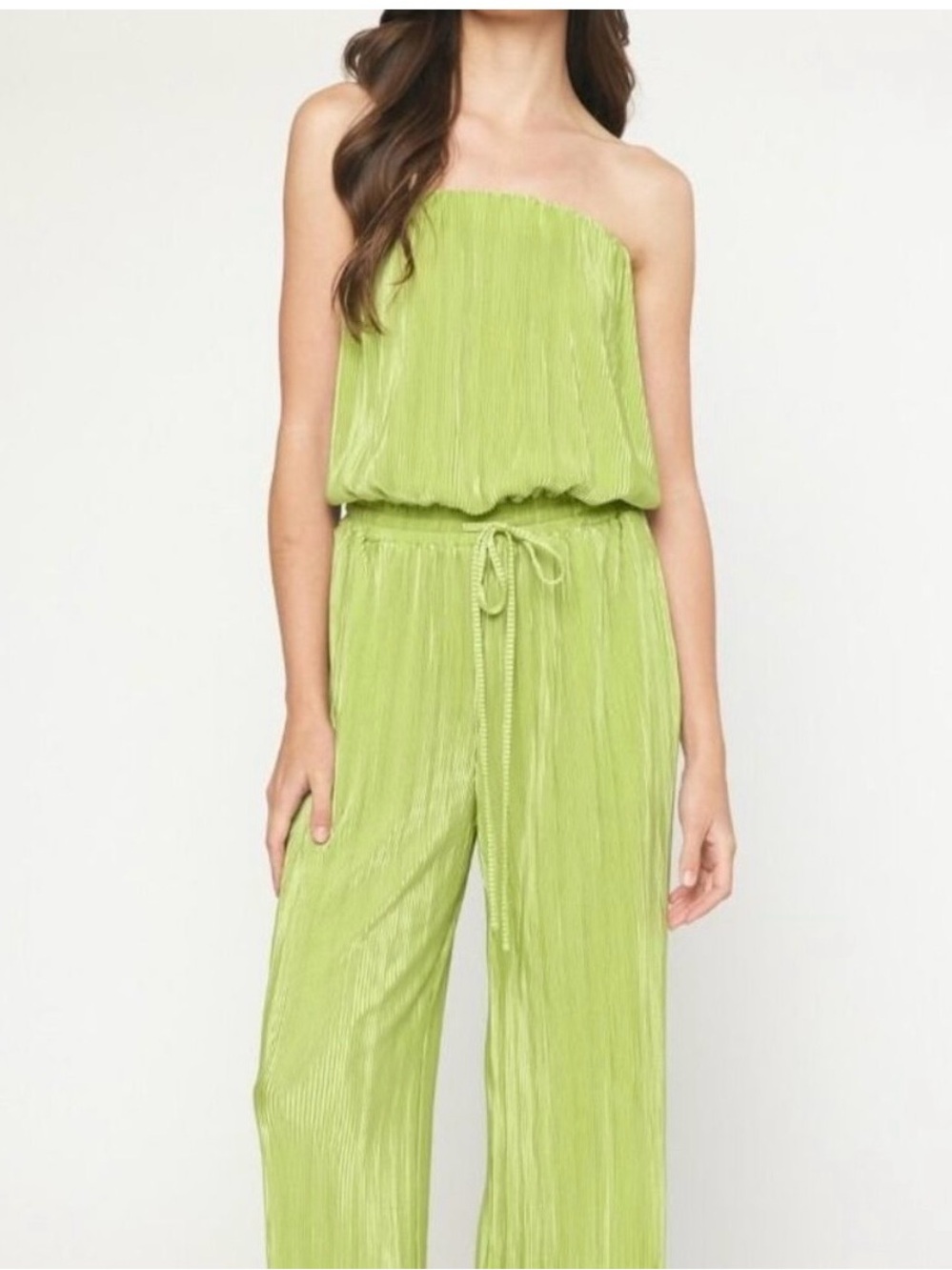 new ENTRO Strapless Drawstring Waist Pleated Apple Green Jumpsuit